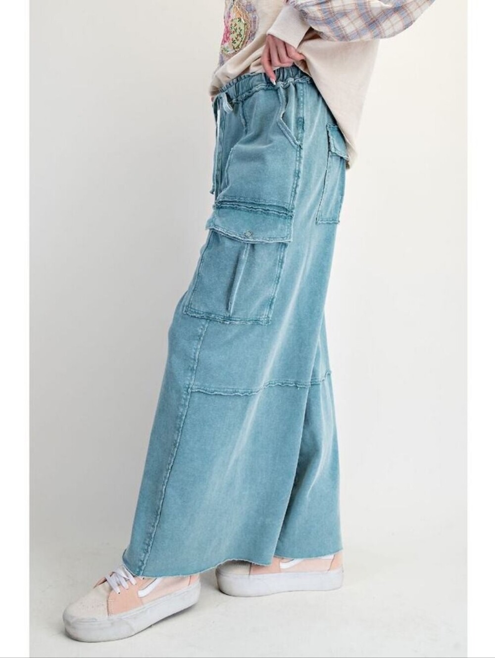 Easel "Durango" French Terry Cargo Wide Leg Pants in Teal Blue Sz S - Picture 5 of 6